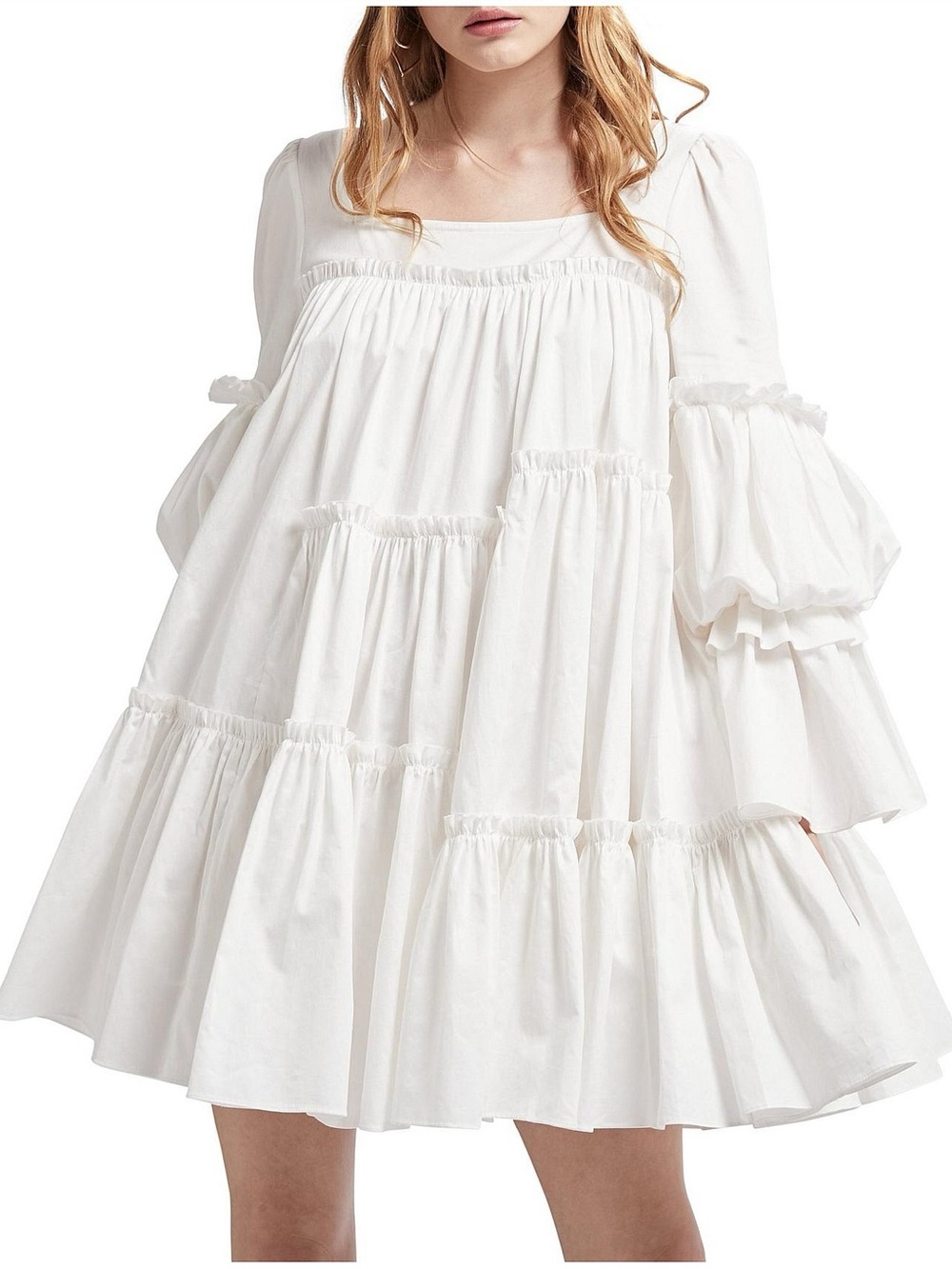 NWT Aje White Square Neck Ruffle Tiered Mini Dress Size 10